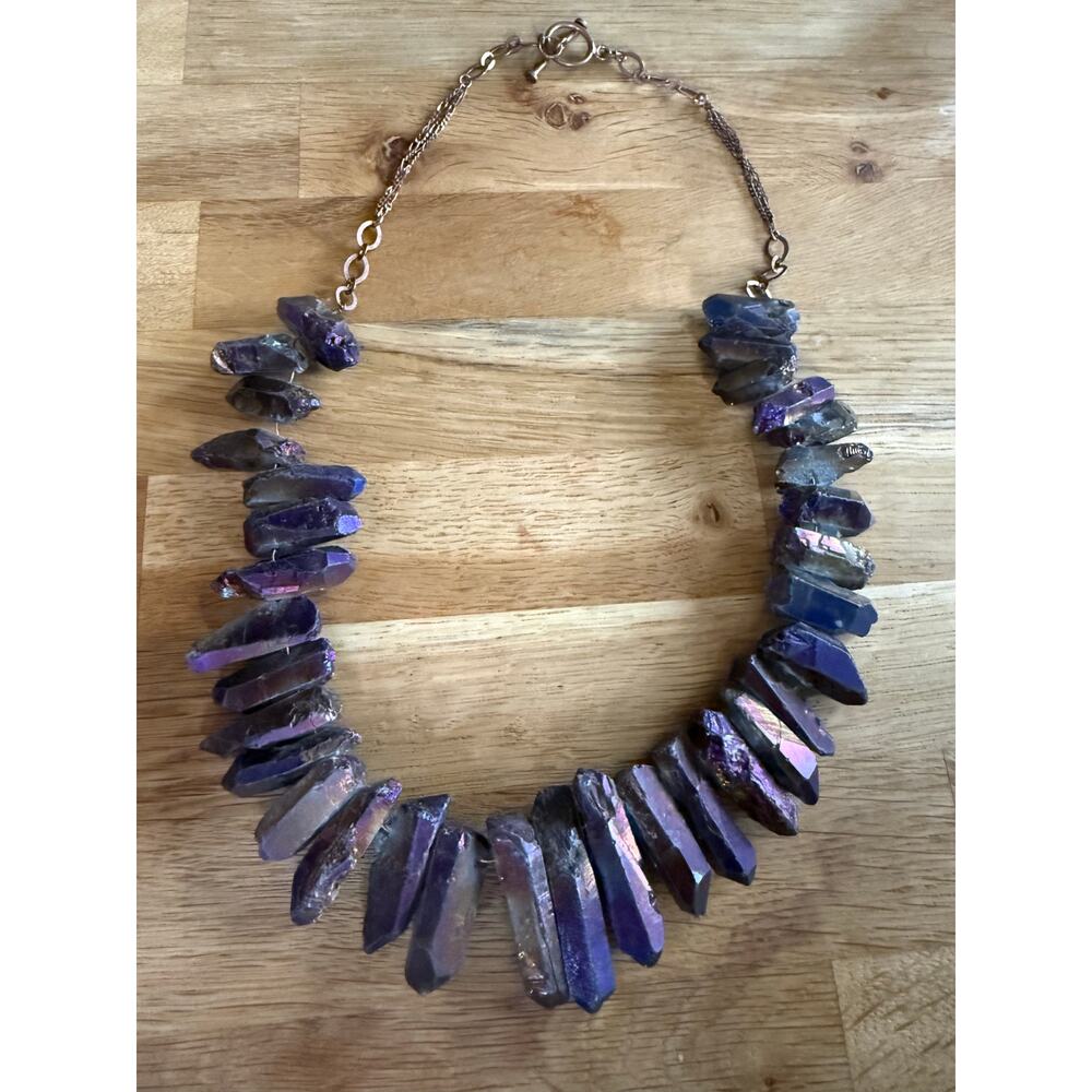 Blue and Purple Titanium-Coated Aura Quartz Crystal Point Statement Necklace
